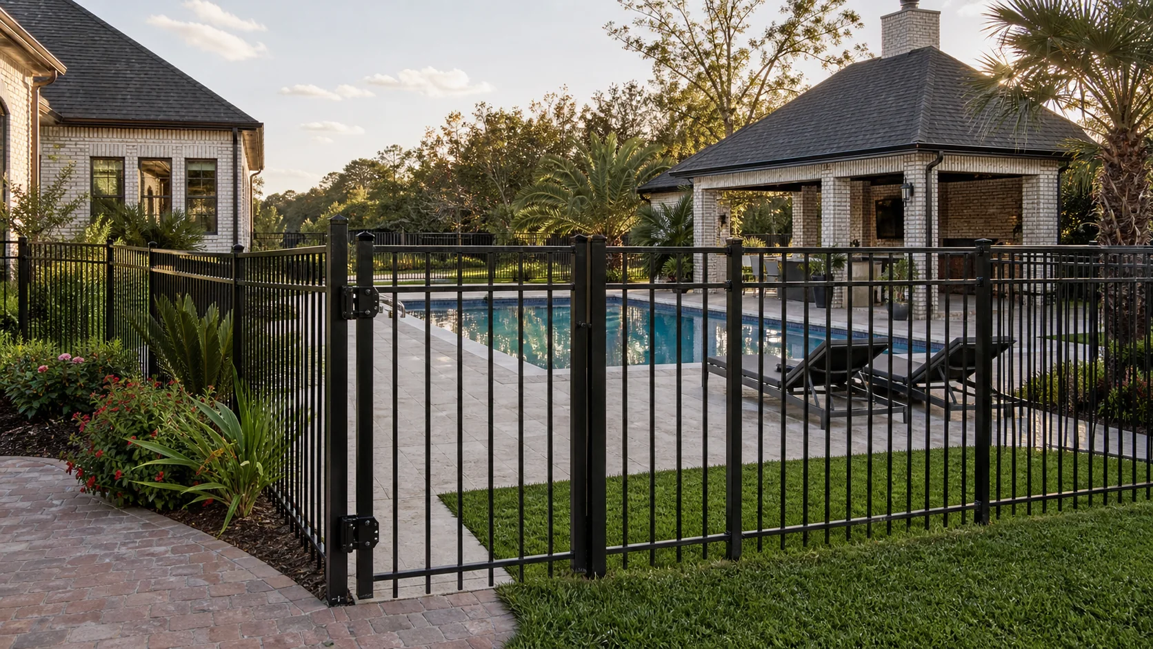 Black ornamental aluminum pool fence at a Baton Rouge residence